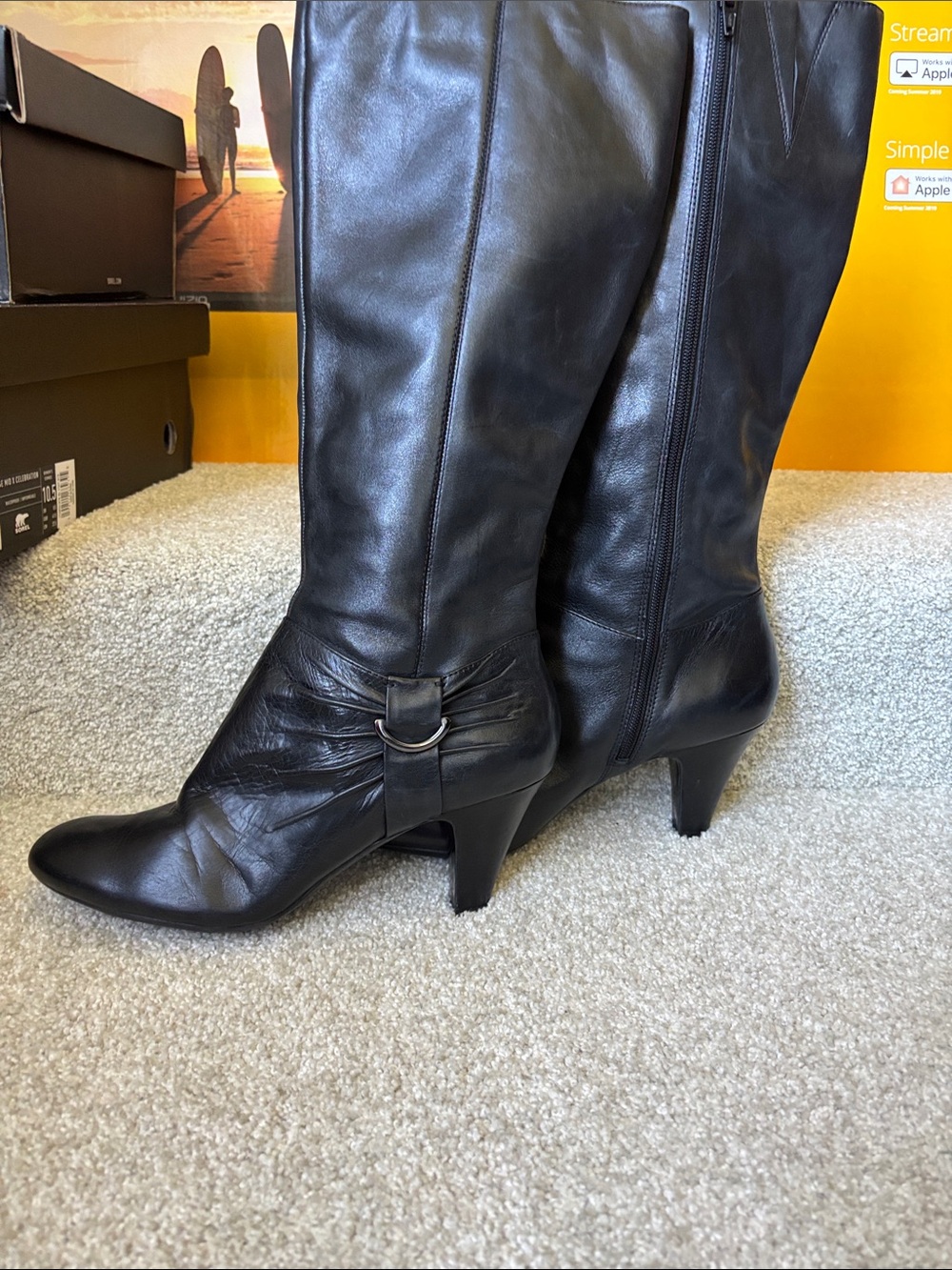 Naturalizer Black Leather Knee-High Heeled Boots with D-Ring Detail